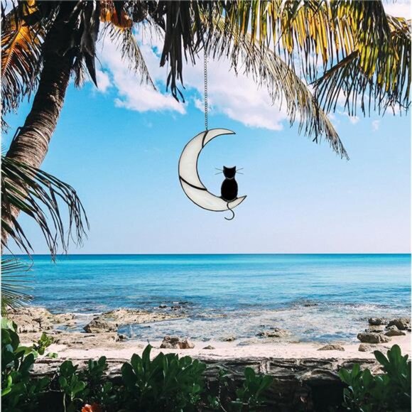 Black Cat Decor On White Moon Stained Glass Window Hanging Suncatcher for - Picture 7 of 8